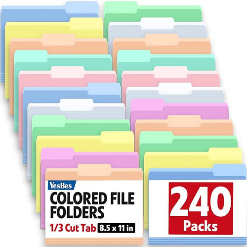 240 Pack File Folders, 1/3 Cut Tab Colored File Folders Letter Size 8.5 x 11 by YesBes
