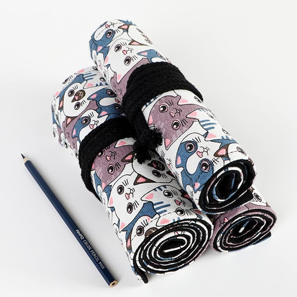 DIYOMR 12/24/36/72 Slots Pencil Wrap Roll, Artist Colored Roll Up Bag, Short Brush Pouch Case Organizer for Drawing Coloring and Sketching, No Pencils (Big Headed Cat, 12slots)
