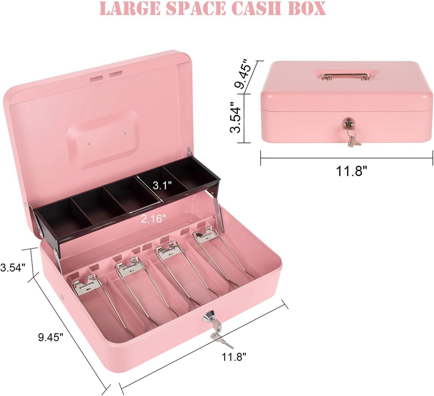Cash Box with Money Tray and Key Lock, Money Box with Safe Locking, Money Saving Lock Box for Cash Register 11.8"x9.45"x3.54" Pink XL Large