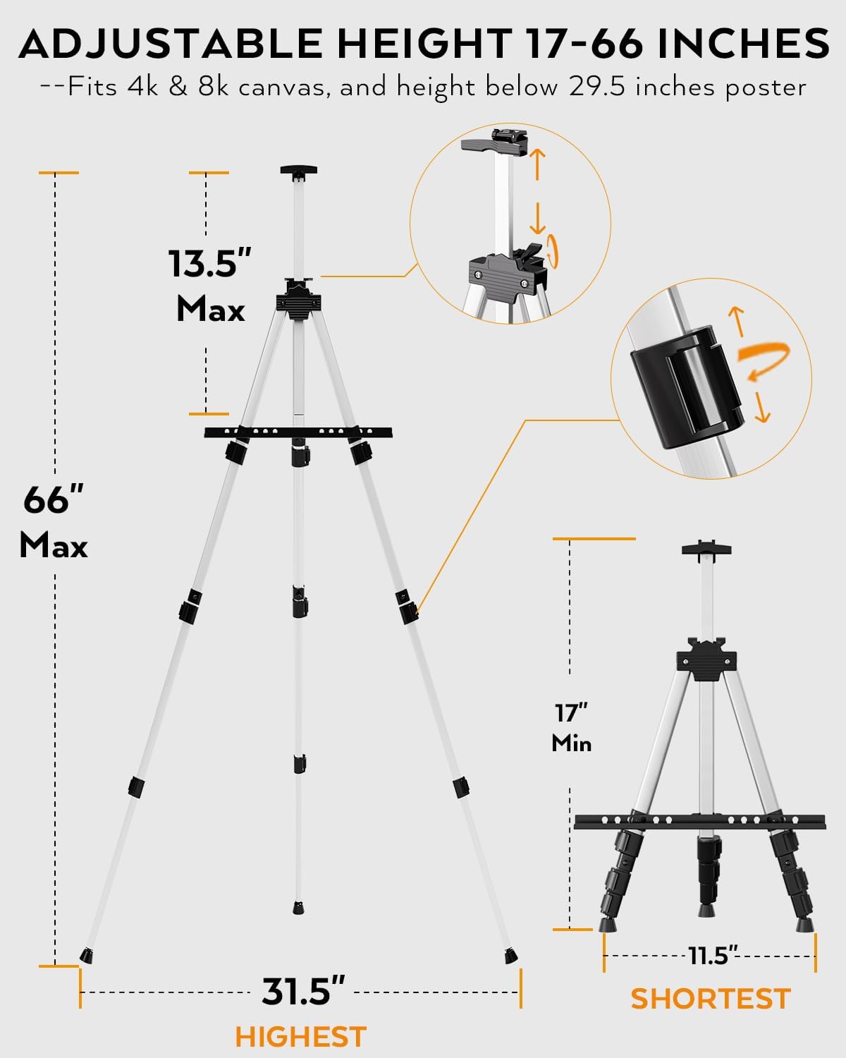 Nicpro Art Easel for Painting with Bag, Aluminum Metal Tripod Easel Stand for Sign, 2 Pack Silver Artist Easels Adjustable Height from17 to 66" for Table-Top/Floor Painting, Display, Poster, Canvas