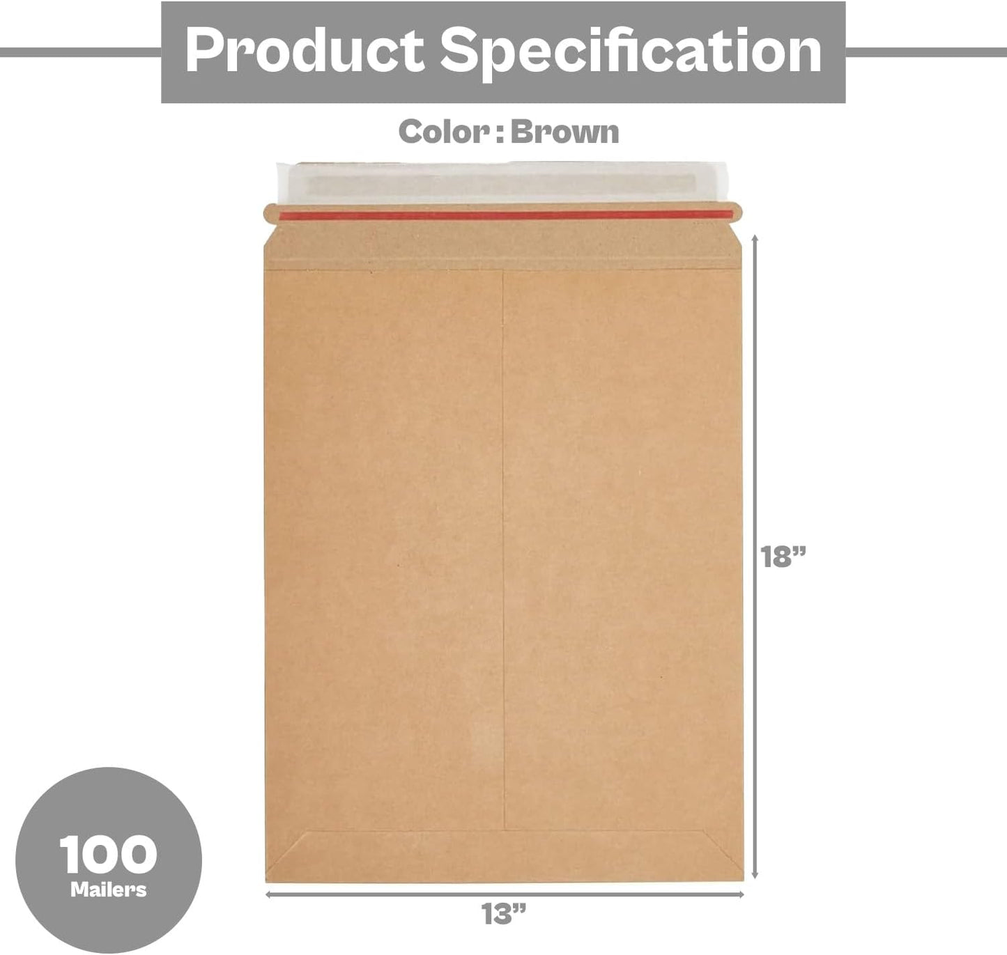 PSBM Rigid Mailers, 13x18 Inch, 100 Pack, Kraft Brown Cardboard Shipping Envelopes for Photo & Document, Self Seal