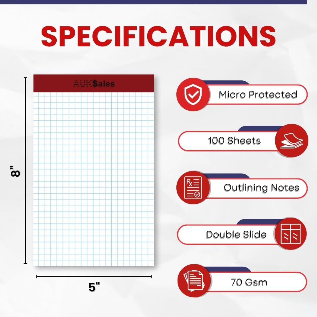 Grid Paper Pad 5x8 Inches, Graph Paper Pad 4x4, Grid Notepad, 12 Pack, 5x8 Graph Paper 1/4 Grid, Graphing Paper, Engineering Pad, 100 Sheets 200 Pages Perforated Pad for School, Home, & Office