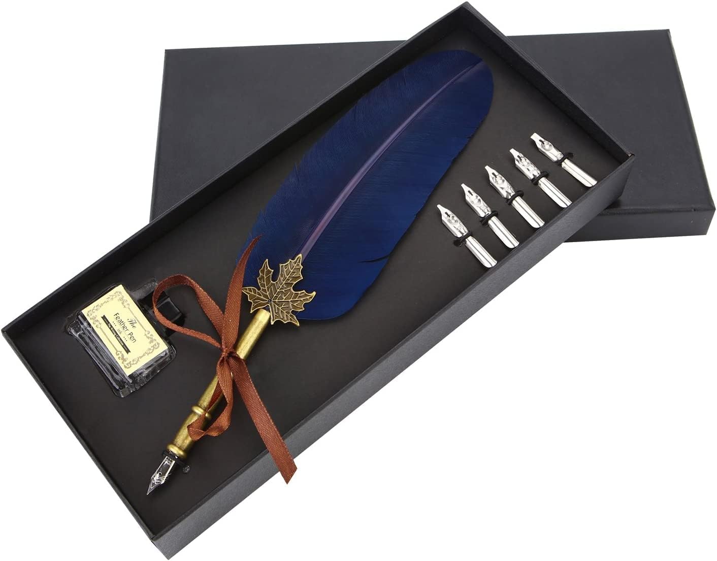 OPENDGO Feather Quill Pen Set with Ink Antique Feather Copper Pen Stem Calligraphy Set Quill Pen Writing Quill Ink Dip Pen with 5pcs Nibs in Different Size