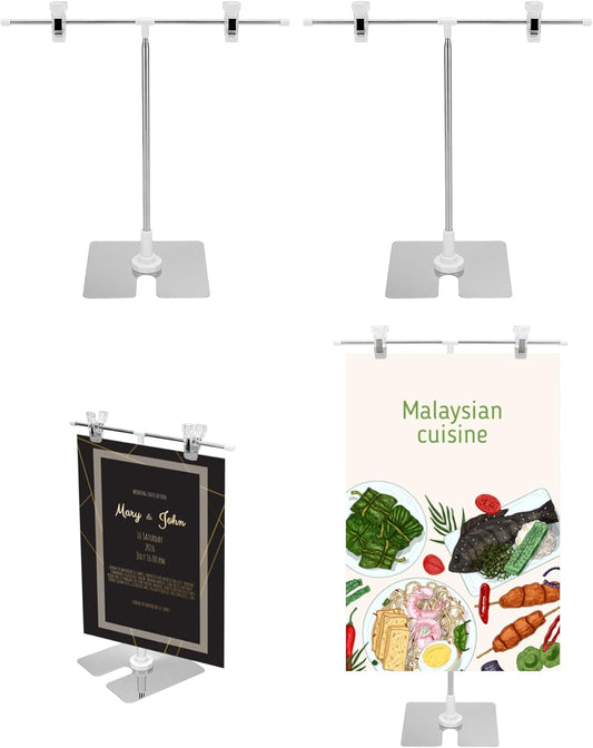 QWORK Adjustable Table Sign Holder, 4 Pack Stainless Steel Desktop Business Poster Holder with Movable Clips, T Shaped Advertising Showing Price Tags Display Stand for Trade Shows, Retail, Offices