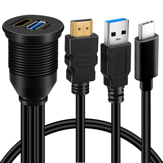 BATIGE USB 3.0 & Type C 3.1 & HDMI Male to Female Car USB C Flush Mount Extension Cable USB 3.0 Dash Mount for Car Truck Boat Motorcycle - 3ft