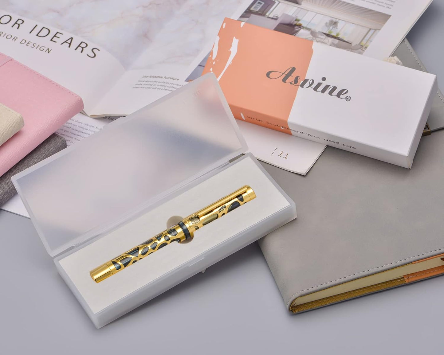 Asvine V169 Vacuum Filling Fountain Pen Medium Nib, Water Drop Skeleton Gold Trim Transparent Gray Blue Acrylic Pen Case Set