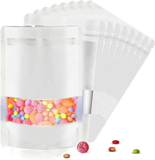 6.3"x9.5" 120pcs Mylar Bags for Food Storage,Smell Proof Bag with Matte Window Resealable Food Storage Bags for Small Business, Stand-up Foil Pouch Packaging Freeze Dried Candy Bag（White）
