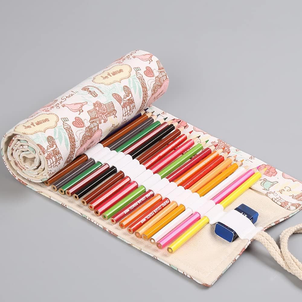 DIYOMR 12/24/36/72 Slots Pencil Wrap Pencil Rolls, Artist Colored Pencils Roll Up Bag Short Brushes Pouch Case Pencils Organizer for Drawing Coloring and Sketching, No Pencils (Paris Tower, 12slots)