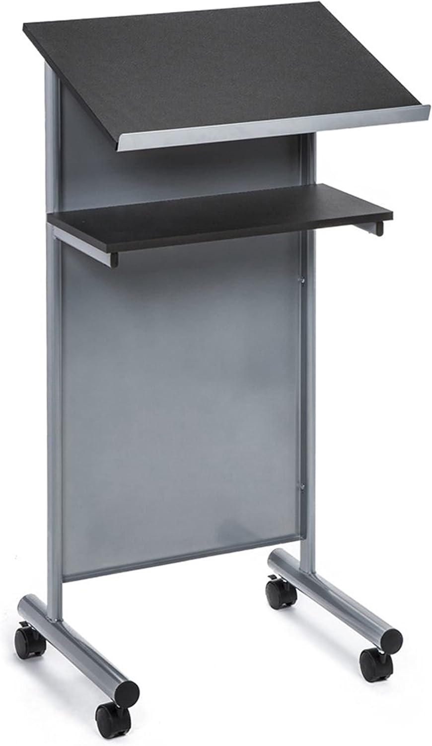 Audio-Visual Direct Wheeled Lectern Podium - Standing Desk with Storage Shelf - Silver/Black - Ideal for Presentations and Laptop Use