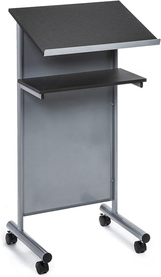 Audio-Visual Direct Wheeled Lectern Podium - Standing Desk with Storage Shelf - Silver/Black - Ideal for Presentations and Laptop Use
