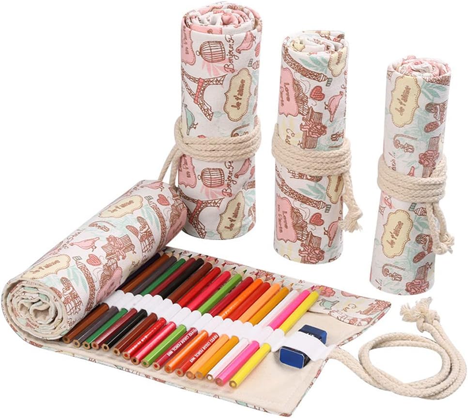 DIYOMR 24/36/72 Slots Pencil Wrap Pencil Rolls, Artist Colored Pencils Roll Up Bag Short Brushes Pouch Case Pencils Organizer for Drawing Coloring and Sketching (Paris Tower, 72slots)