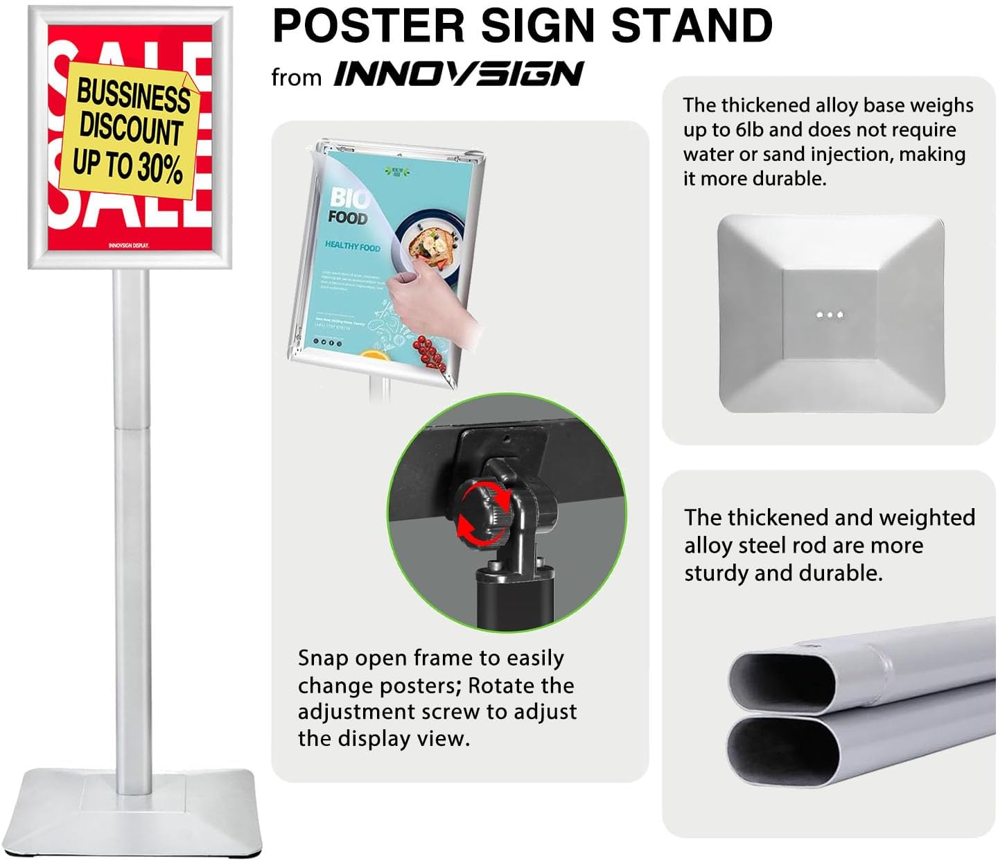 3Packs Heavy Duty Adjustable Pedestal Poster Sign Stand, 11x17 Aluminum Open Floor Standing Sign Holder for Vertical and Horizontal View Display, Silver