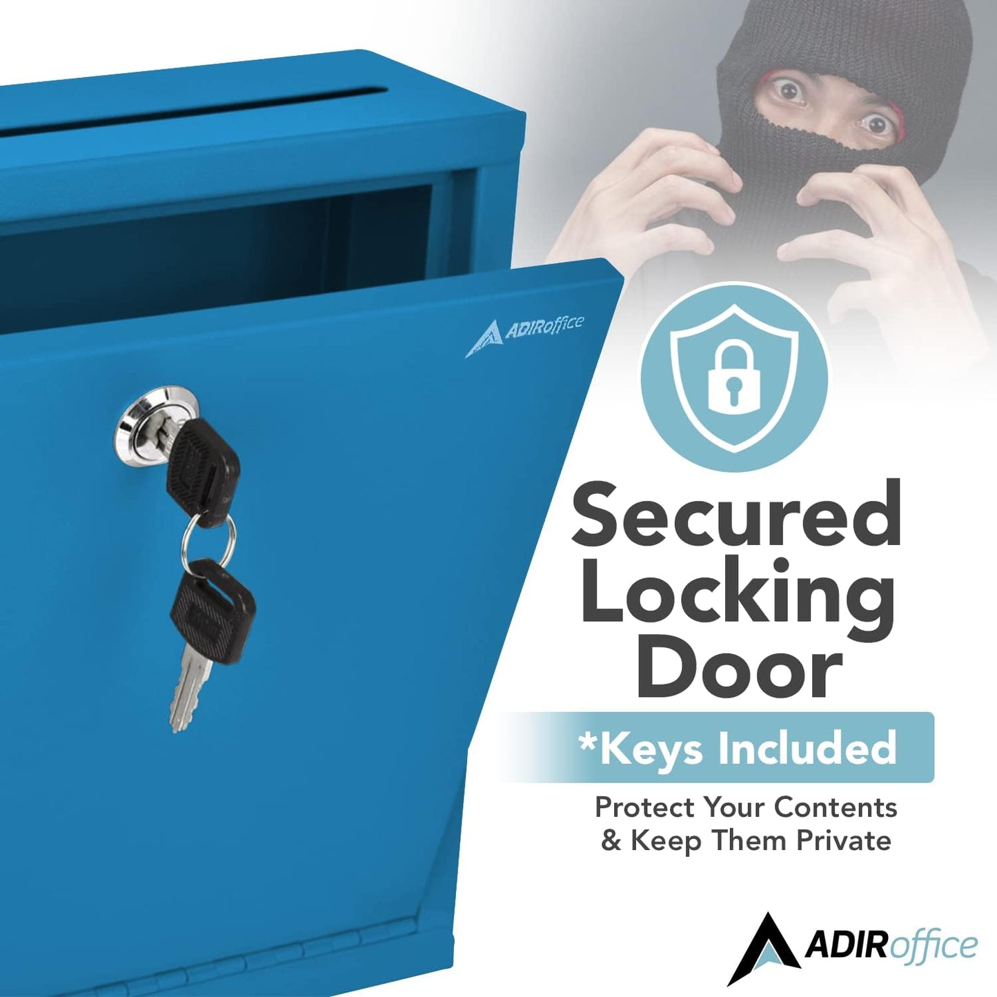 Adir Metal Suggestion Box with Lock and Slot, Wall Mount Deposit Box for Payments and Checks, Office Mail Box for Employees, Mailbox for House, Safe Drop Box with Keys - 3x10x12 Inch Blue