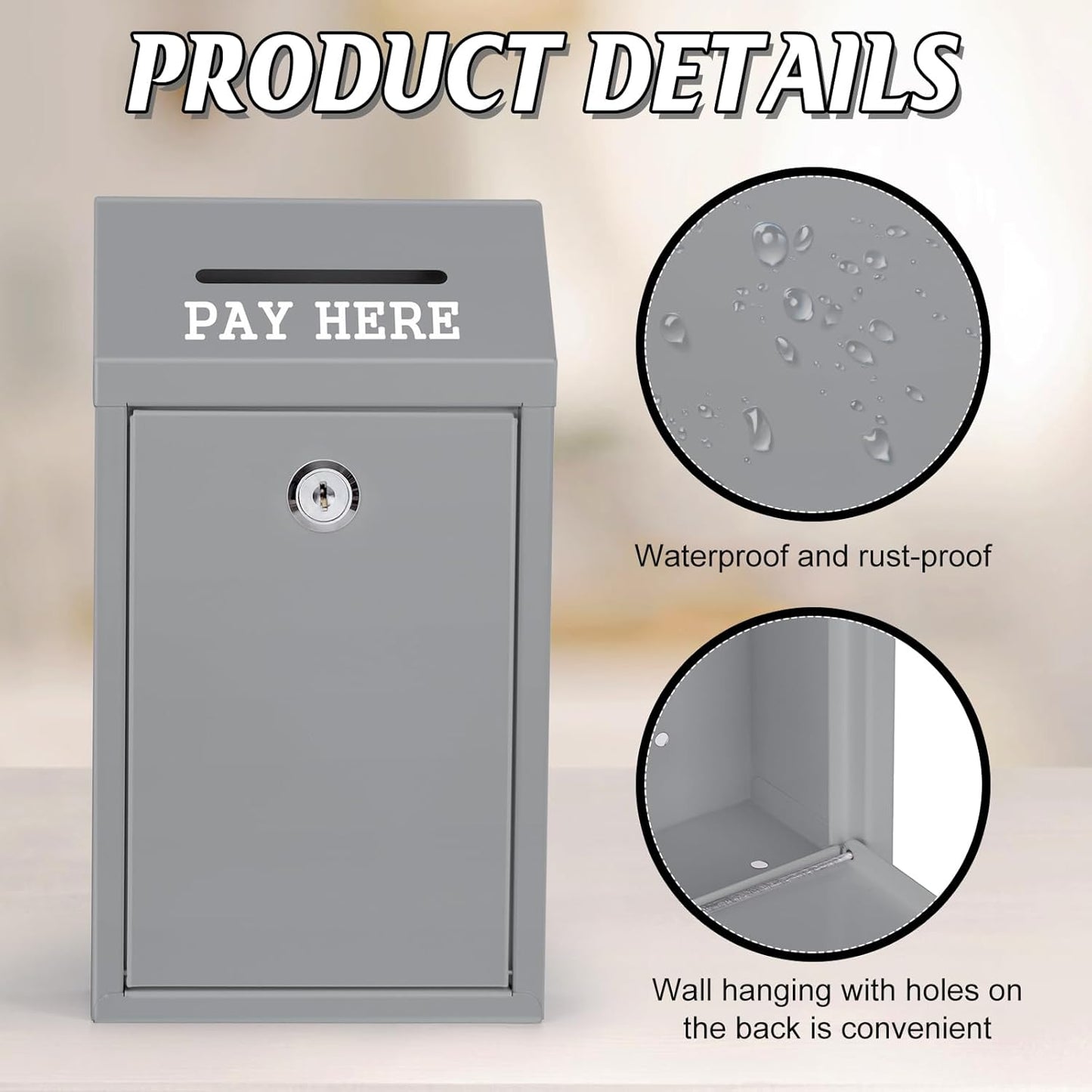Metal Donation Box Collection Safe Suggestion Box with Lock Wall Mounted Mailbox Delivery Ballot Case Key Drop Case for Home Office Outdoor Door (Grey, 10.24 x 5.71 x 2.95 Inch)