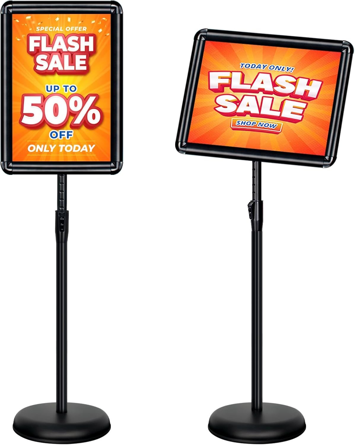 11x17 Inch Adjustable Pedestal Poster Sign Stand, Heavy Duty Floor Standing Sign Holder Stand Aluminum Snap Open Frame for Vertical and Horizontal View Sign Displayed (Black, Round)