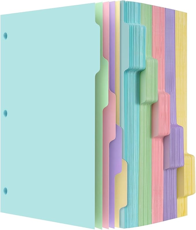 Dynta Binder Dividers with 5 Tabs Bulk 250 Packs Colorful 8.5x11 Inches by Dynta