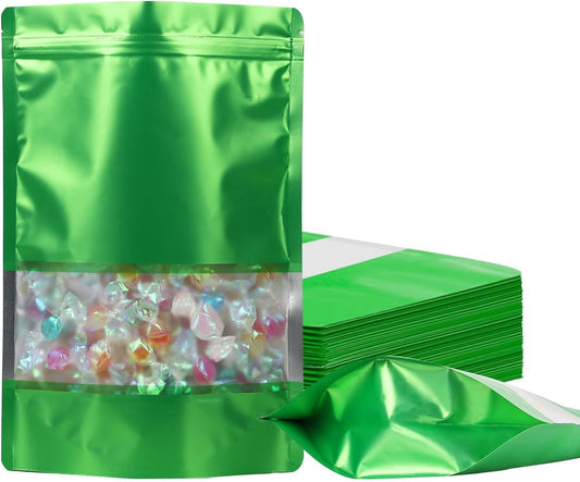100 Pack Smell Proof Bags, Resealable Mylar Bags with Matte Window, Foil Pouch Stand-up Bags for Food Self Sealing Storage, Scratch Resistant Hand Storage Bags.(Green, 5.9×8.6 Inch)