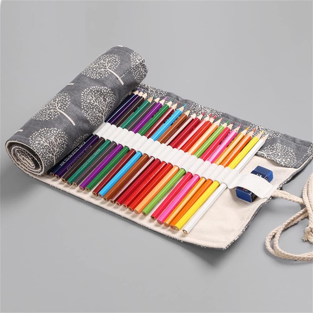 DIYOMR 24/36/72 Slots Pencil Wrap Pencil Rolls, Artist Colored Pencils Roll Up Bag Short Brushes Pouch Case Pencils Organizer for Drawing Coloring and Sketching (Trees, 36slots)