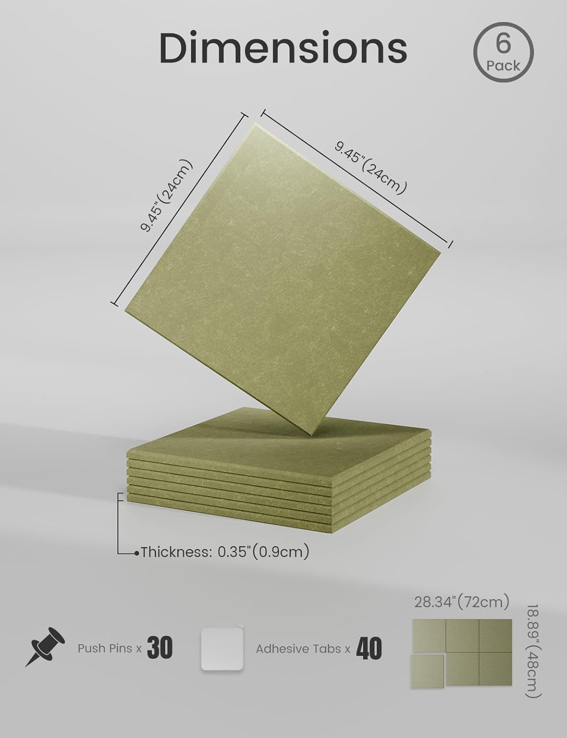 Felt Bulletin Board Tiles -28"x18" Cork Board Alternative for Office Decor, Push Pin Board Wall Organizer 6-Pack -Olive Green