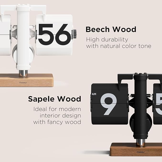 mooas Classic Modern Wood Mini Flip Desk Clock, Retro Vintage Analog Design - Image 2