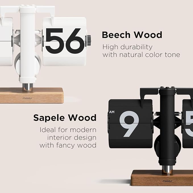 mooas Classic Modern Wood Mini Flip Desk Clock, Retro Vintage Analog Design - Image 2