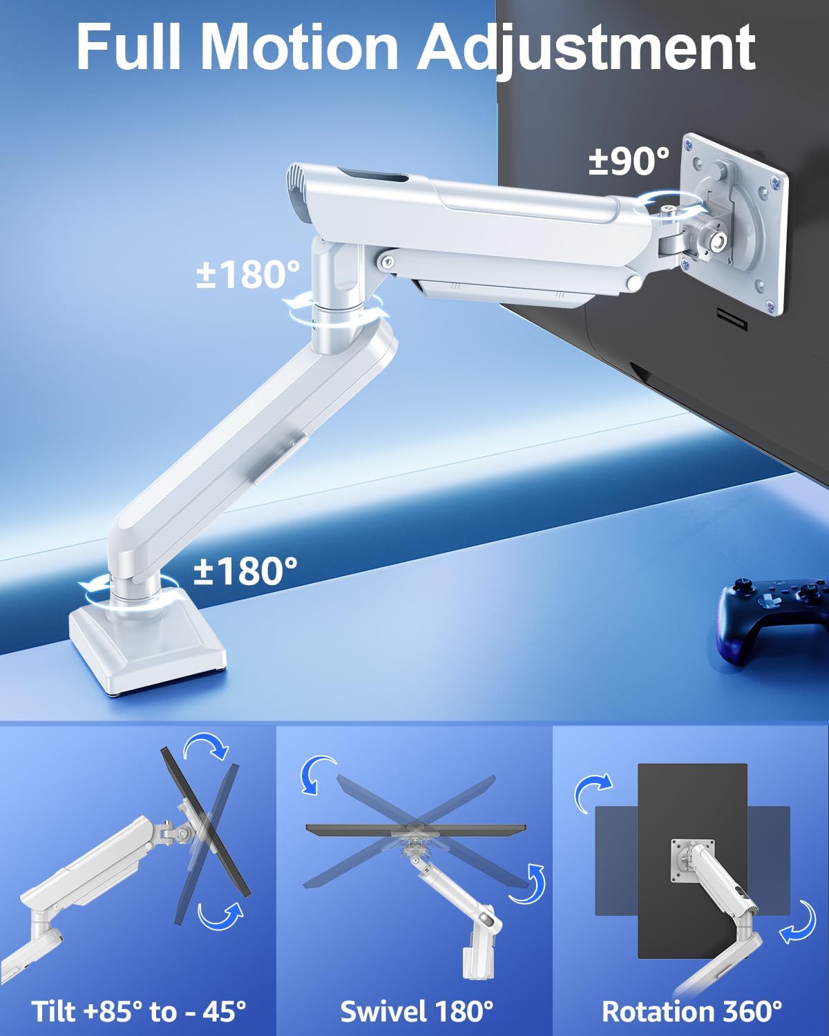 Single Monitor Mount for 32 27 24 22 inch Screen, Gas Spring Arm Holds 4.4-22 lbs, Monitor Desk Mount, Gaming & Home Office Use, VESA 75x75mm & 100x100mm, Freelift Pro White