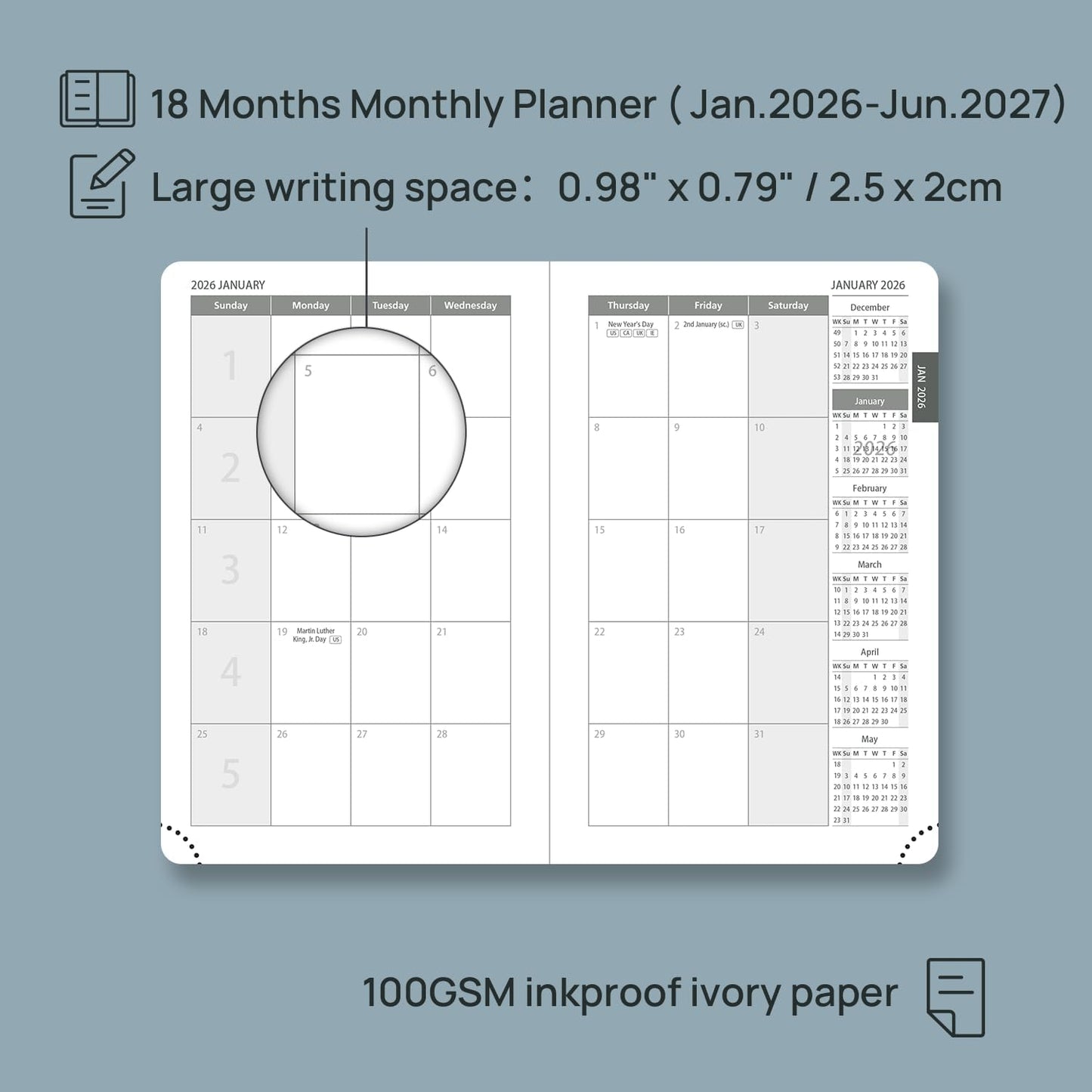 POPRUN Pocket Monthly Planner 2026-2027 (Pocket- 4''x 6.25'' Soft Leather Cover) - 18 Month Calendar Book for Purse (Jan.2026 - Jun. 2027), 100 GSM Thick Paper - Purple