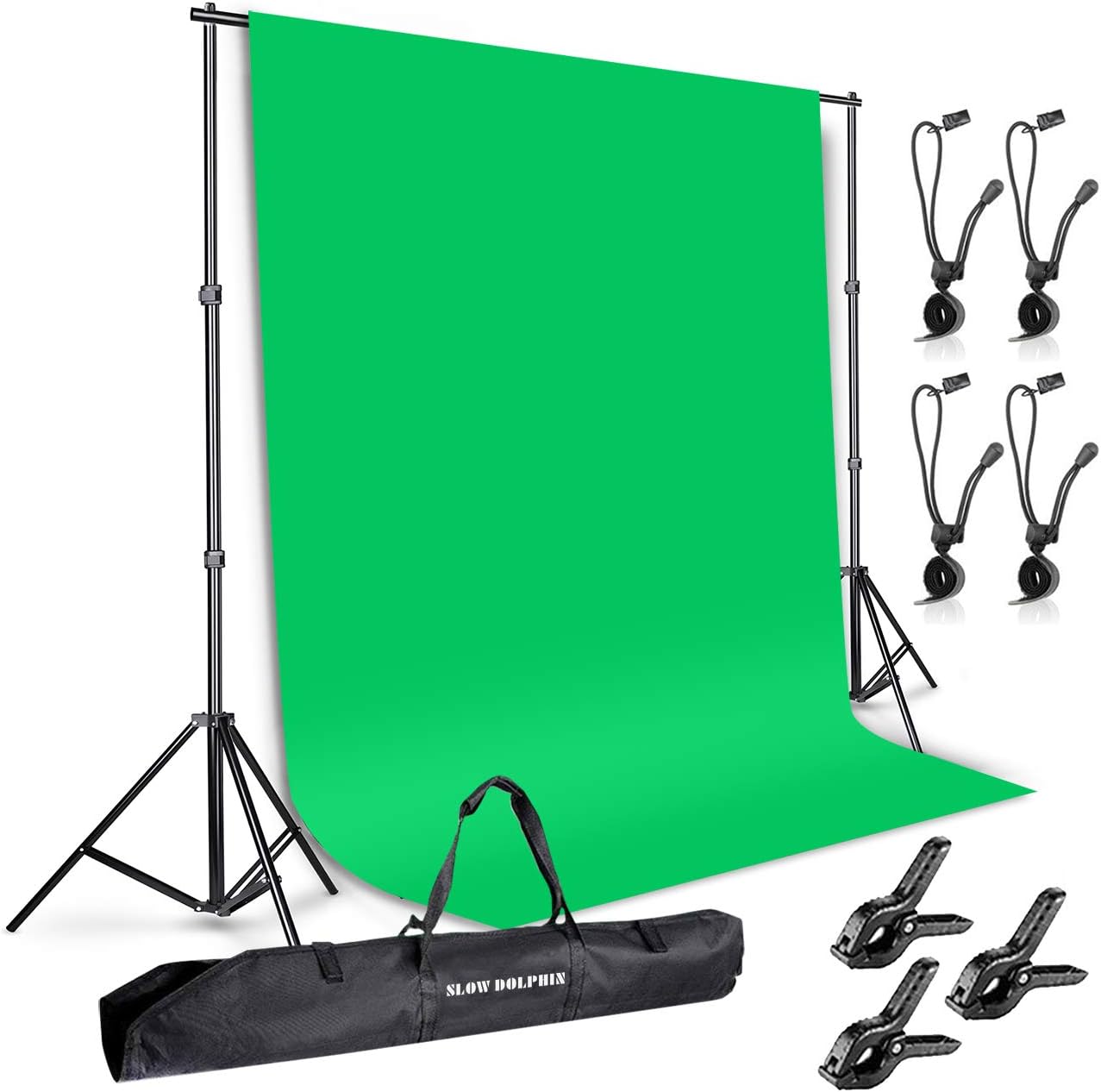 SLOW DOLPHIN Photo Background Support System with Backdrop Stand Kit, 100% Pure Muslin 6.5 Ft x 10 Ft Chromakey Green Screen Backdrop,Clamp, Carry Bag for Photography Video Studio