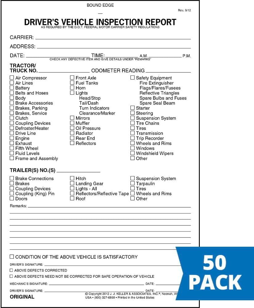 Detailed Driver's Vehicle Inspection Report 50-pk. - Book Format with 31 Sets, 2-Ply Carbonless, 5.5" x 8.5", Meet FMCSR Requirements, J. J. Keller & Associates, Inc.