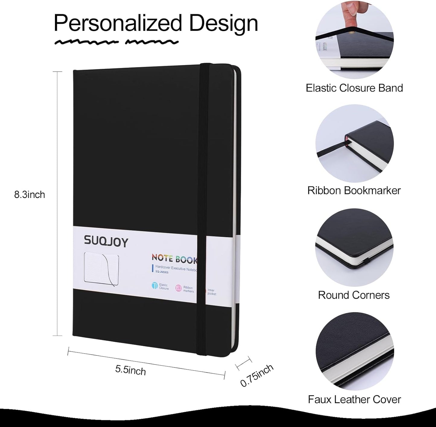 Lined Journal Notebooks for Writing, 100 GSM Thick Paper, Hardcover Notebook, A5 College Ruled Notebook, Journaling Notebook for School/Travel/Office (8 Pack, Black)