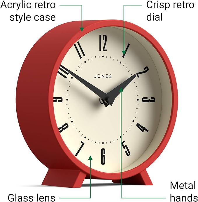 JONES CLOCKS® Venus Desk Clock | Modern Round Design | Red | Stylish Retro Look - Image 5