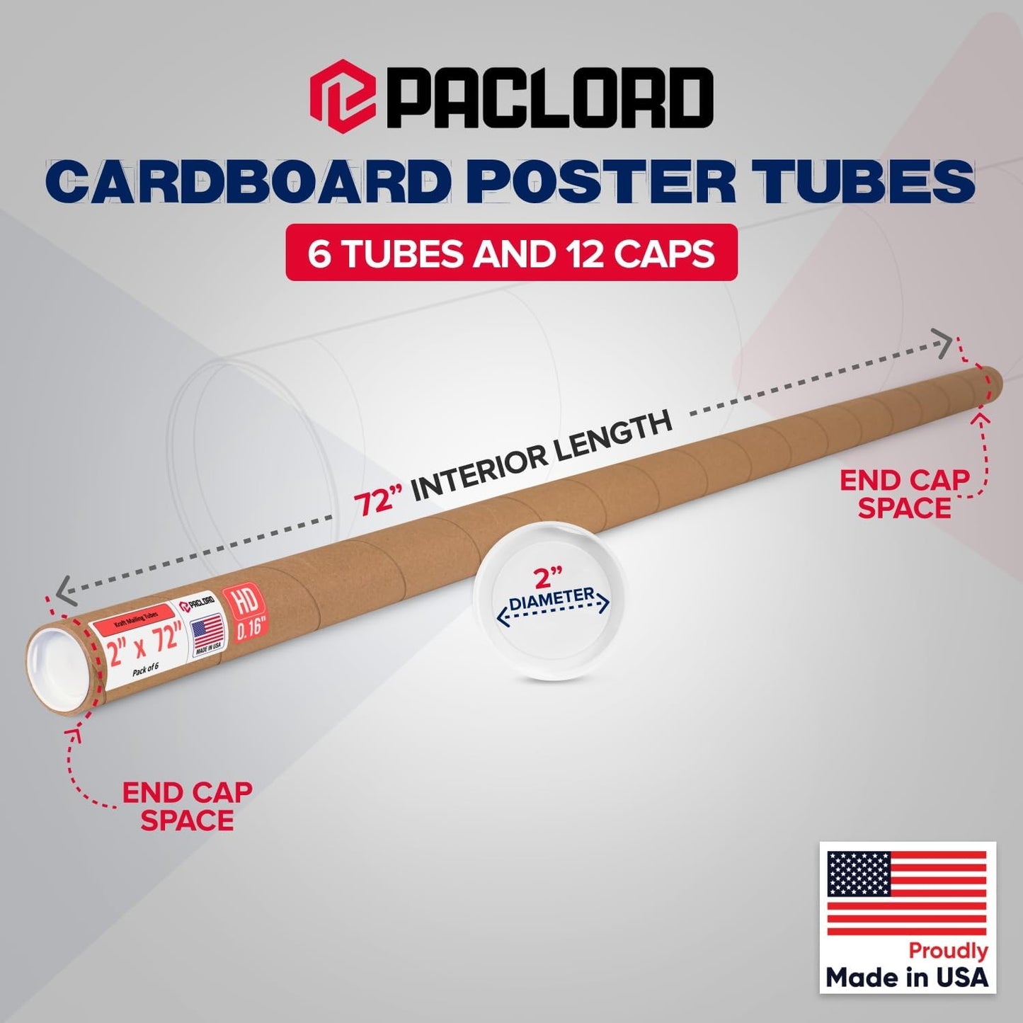2" x 72" Heavy-Duty Reinforced Cardboard Mailing Tube, Pack of 6 Tubes with 12 Caps – Secure USPS Approved – Great for Shipping and Storing of Prints, Artwork, Posters or Documents