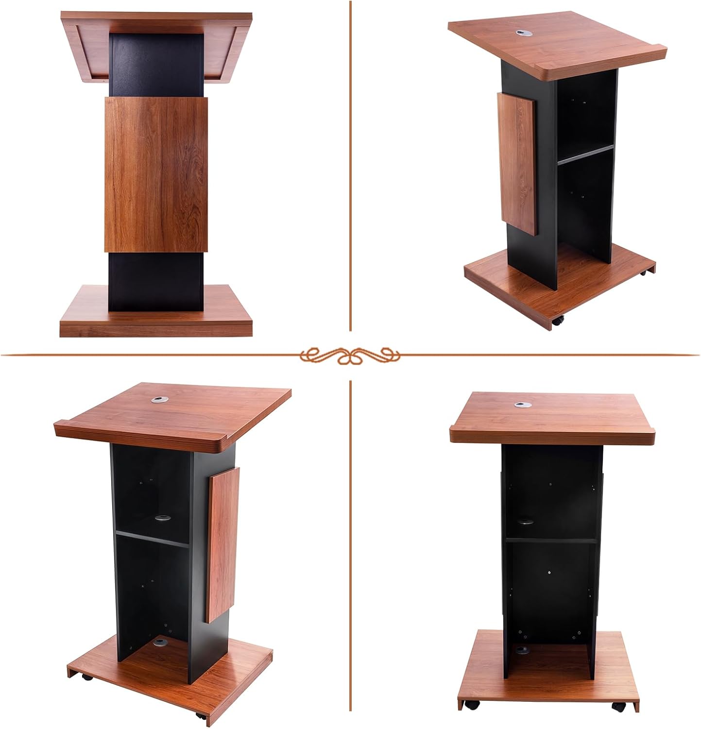 47"Portable Wooden Podium, Wooden Lectern Podium Stand, Reserved Wire Hole, Lockable Wheels, Design with Storage, Standing Wooden Pulpit for Church Office School Home Conference Restaurant Meeting