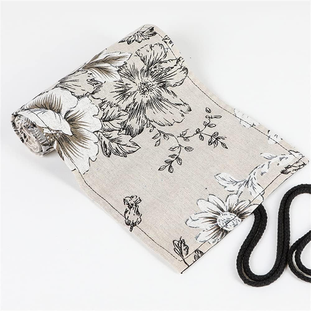 DIYOMR 12/24/36/72 Slots Pencil Wrap Pencil Rolls, Artist Colored Pencil Roll Up Bag Short Brush Pouch Case Pencils Organizer for Drawing Coloring and Sketching, No Pencils (Peony Flower, 12slots)