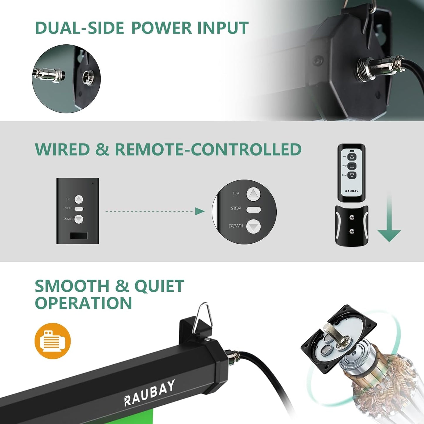 RAUBAY Motorized Pull Down Green Screen - 59.8" x 86.6" Collapsible Wall-Mount Background for Professional Video Production, Chroma Key Backdrop for YouTube, TikTok, Streaming, Video Conferencing