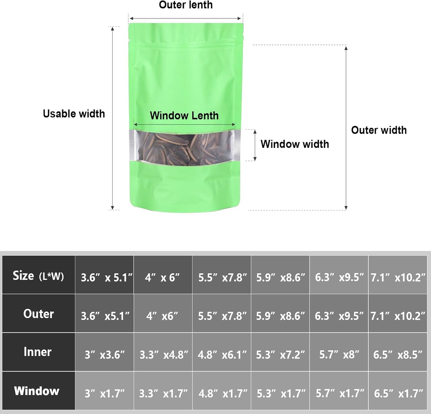 5.5"x7.8" 120pcs Mylar Bags for Food Storage,Smell Proof Bag with Matte Window Resealable Food Storage Bags for Small Business, Stand-up Foil Pouch Packaging Freeze Dried Candy Bag(Light Green)