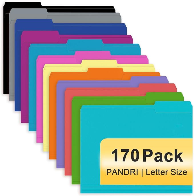 File Folder, PANDRI 170 Pack Colored File Folder, 1/3 Cut Tab, Letter Size by PANDRI