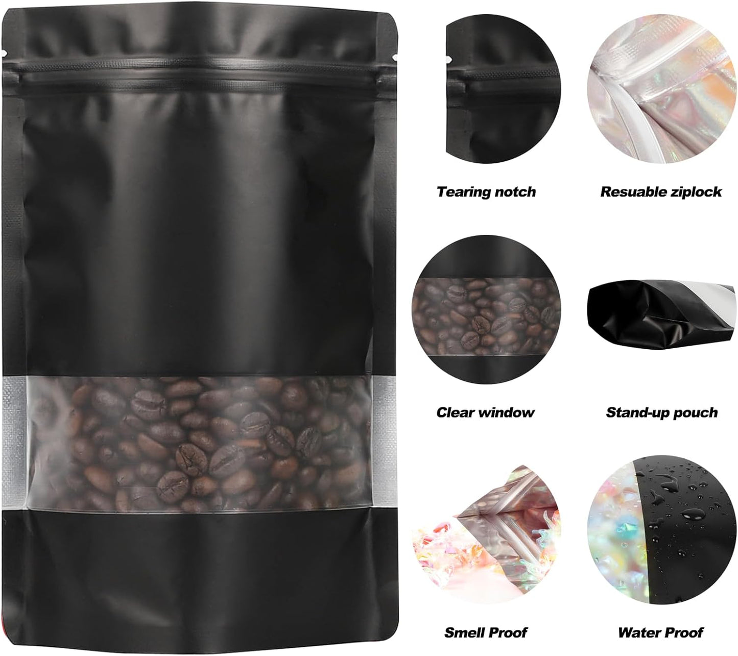 100 Pack Smell Proof Bags, Resealable Mylar Bags with Matte Window, Foil Pouch Stand-up Bags for Food Self Sealing Storage, Scratch Resistant Hand Storage Bags. (Black, 5.5×7.9 Inch)
