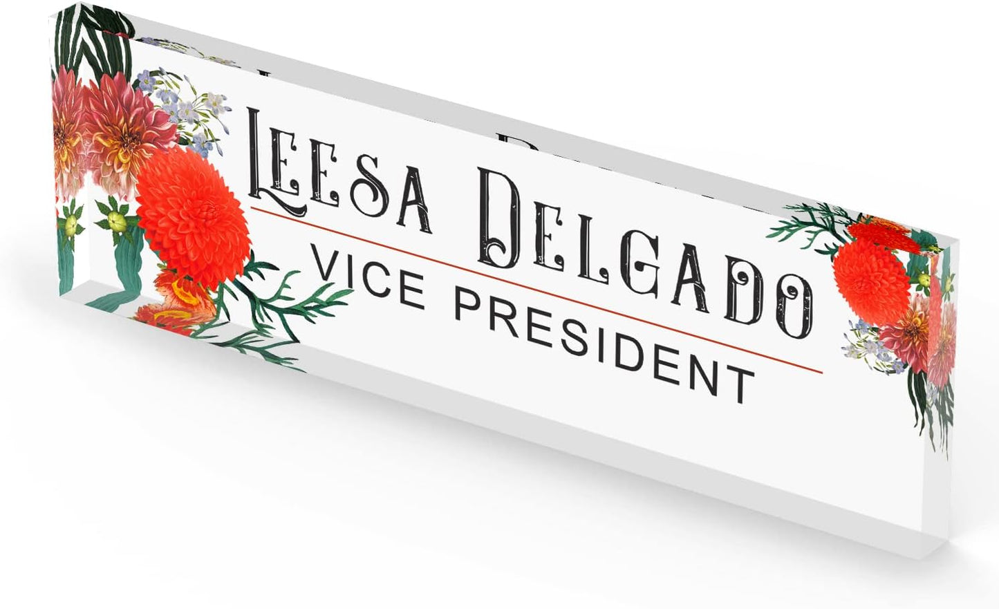 Artblox Office Personalized Name Plate for Desk with Business Card Holder On Clear Acrylic Glass Autumn Flowers Design Custom Desk Name Plate with Your Name and Credentials Customized Gift