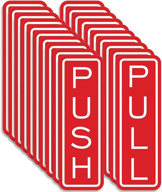 All Quality Classic Vertical Push Pull Door Signs - Great for Glass Doors | Professional Looking Signs | Easy Installation Includes Double-Sided Foam Adhesive Tape (Red) - Medium (10 Pack)