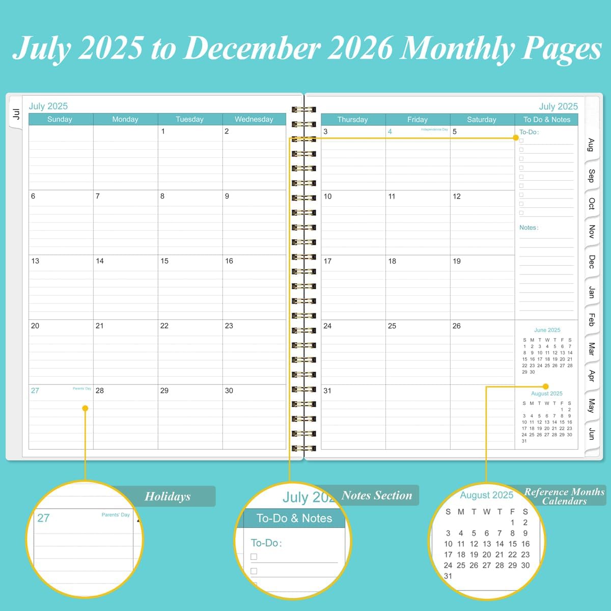 2025-2026 Monthly Planner - 18 Monthly Calendar, July 2025 - December 2026, Two Pages Per Month, 9" x11" Planner with Tabs, Strong Twin-Wire Binding, Inner Pocket, Teal Floral