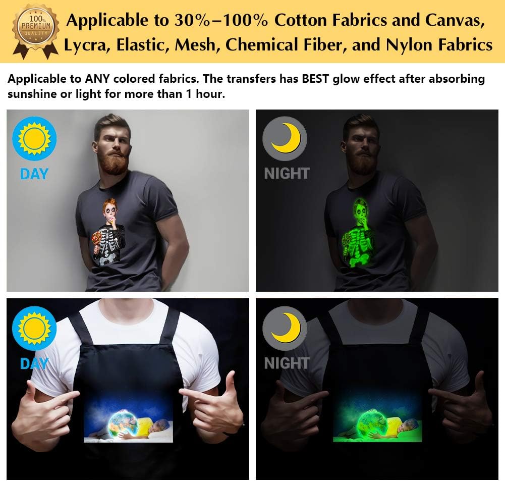 TransOurDream Heat Transfer Paper for Dark T Shirts (10 Sheets, 8.5x11'') GLOW IN THE DARK Iron on Transfers Paper Printable Heat Transfer Vinyl for Inkjet Printer