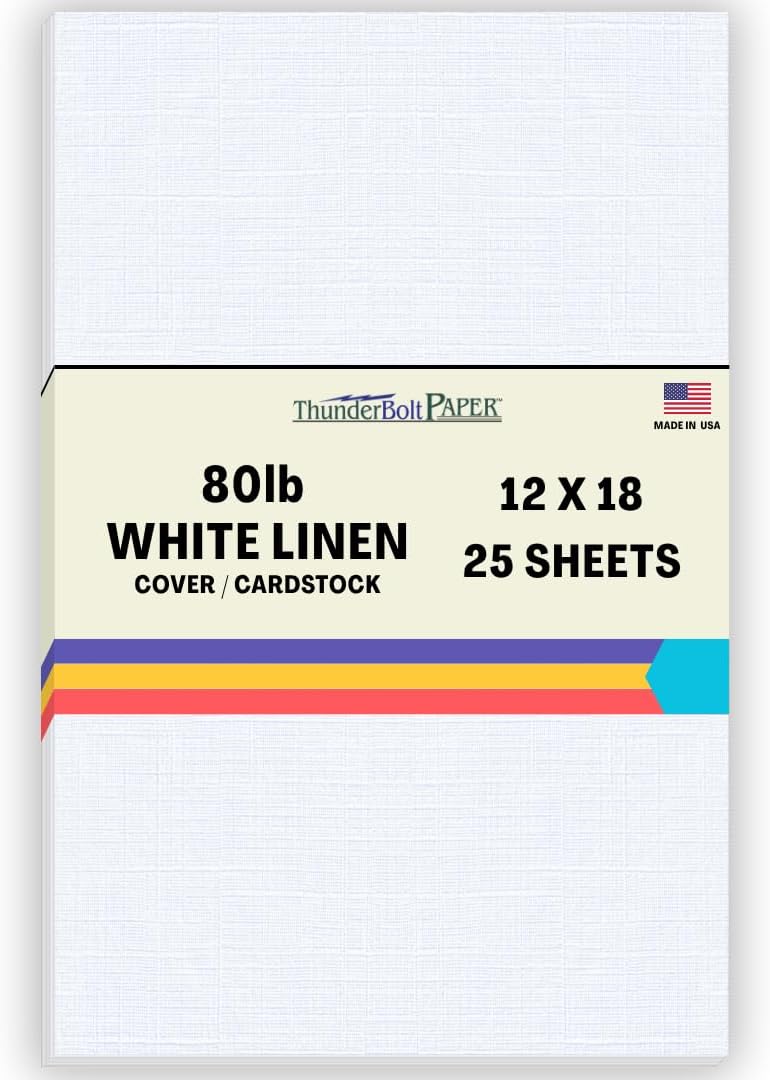 25 Bright White Linen 80# Cover Paper Sheets - 12" X 18" (12X18 Inches) Large|Poster Size - 80 lb/pound Card Weight - Fine Linen Textured Finish Cardstock