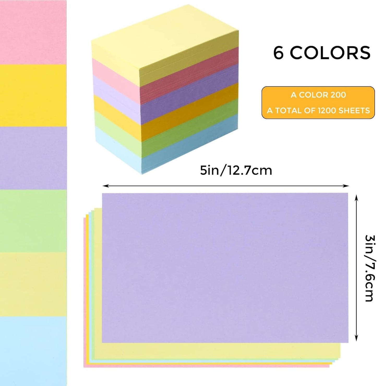 Tecmisse 1200 PCS Blank Index Cards 3x5, Colored Index Flash Cards for Studying, Note Cards, Study Cards Flashcards for School, Learning, Memo Scratch Pad, 6 Colors