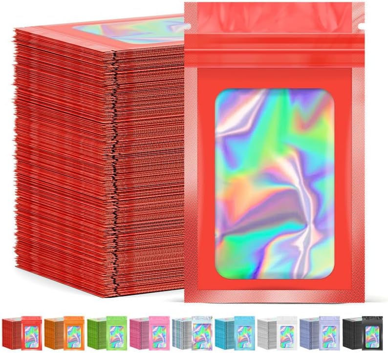 300 Pcs Mylar Bags, Smell Proof Bags Foil Pouch, Holographic Resealable Bags for Small Business, Candy Sample Jewelry Bag Sealable Packaging for Party Favor Food Storage (3x5in-Red)