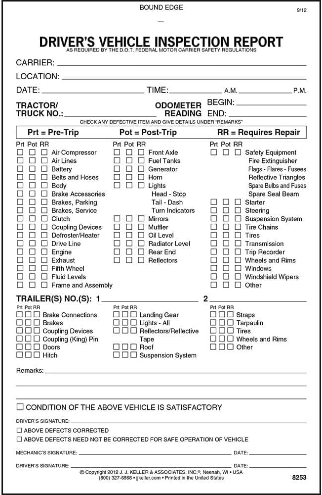 Detailed Driver's Vehicle Inspection Report (Pre- & Post-Trip) 25-pk.- Stapled Pack with 31 Sets, 2-Ply Carbonless, 5.5" x 8.5", Meet FMCSR Requirements, J. J. Keller & Associates, Inc.