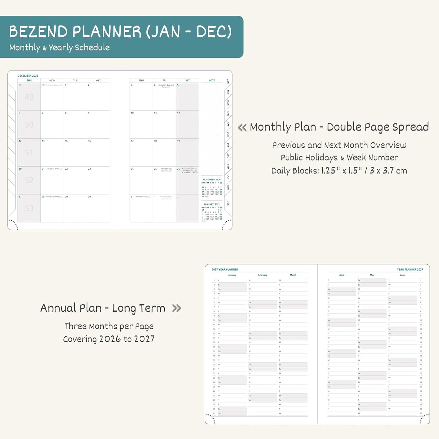 BEZEND 2026 Planner Weekly and Monthly (6" x 8.5") Daily Calendar with Half-Hourly Timeslots & Tabs (Jan-Dec) Note & Expenses, Pen Holder, Inner Pocket, Vegan Leather Hardcover - Dark Green
