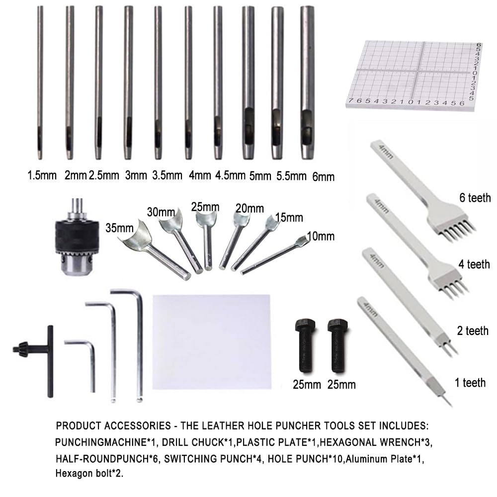 Leather Hole Puncher Hand Punching Machine Manual Press Puncher Punch Tools for DIY Craft (with Chuck, PP Plate and 20 pcs Tools and Aluminum Plate for Leather DIY Craft)