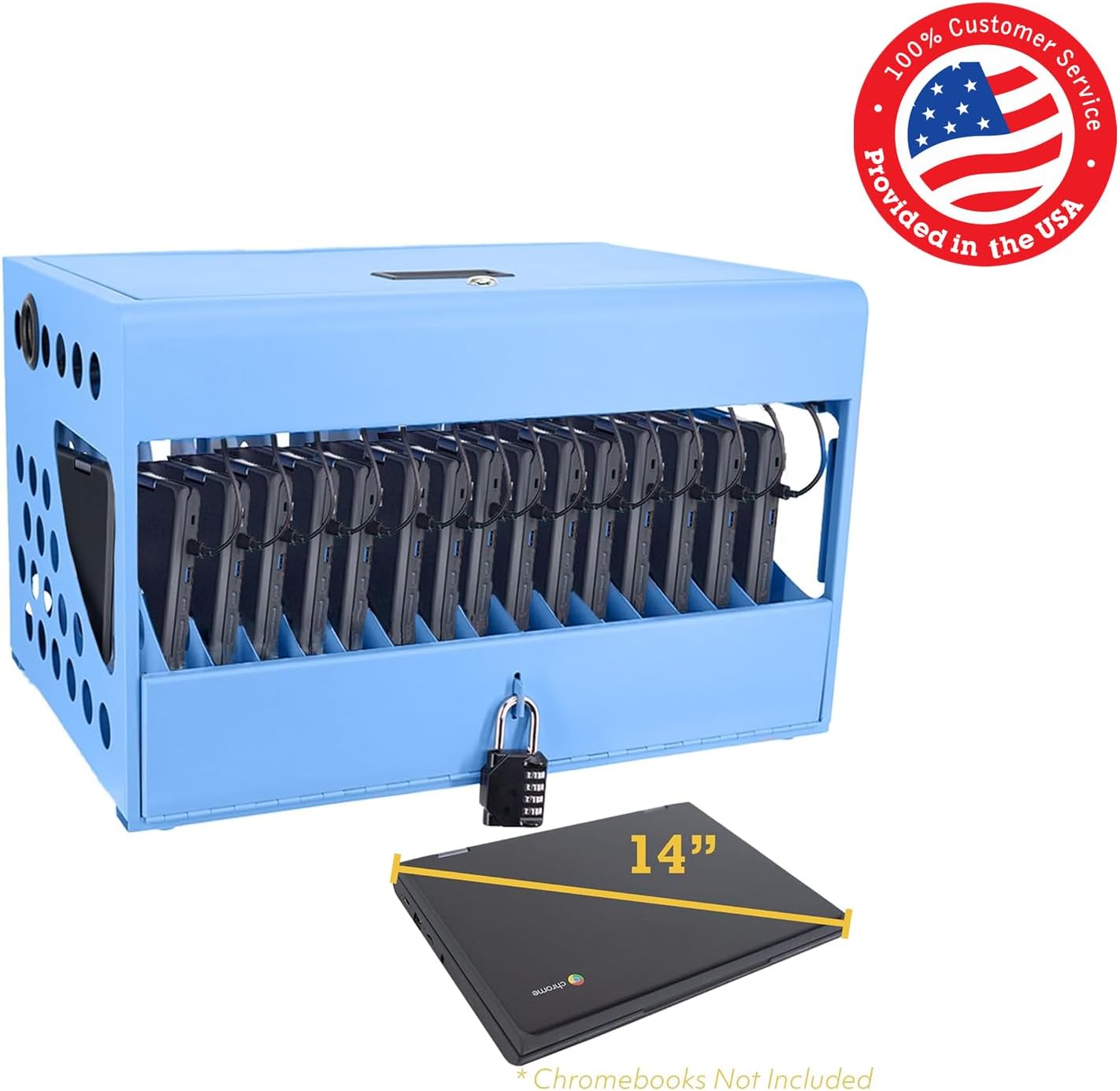 16-Device Charging Station for Chromebooks - Locking Charging Cabinet with Cable Management, Charger Storage, and Lock Included - Fits 14'' Screensize and 1.2'' Thick Tablets (Blue)