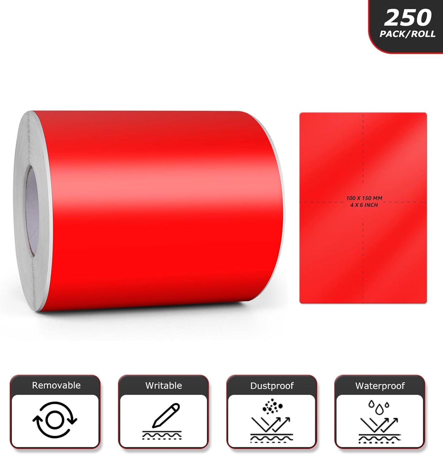 Red Rectangle Stickers 6 x 4 Inch Color Coding Labels Vinyl Roll Self-Adhesive Waterproof Removable 250 PCS